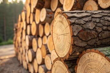 Stacked timber logs with rough bark and visible tree rings in a forest setting, warm sunlight