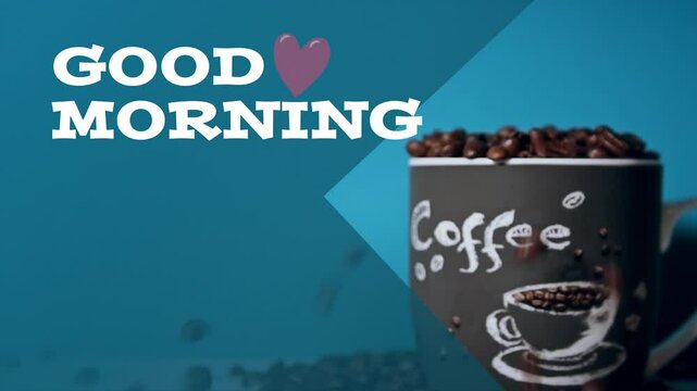 good morning - cafe animation footage with a cup of coffee and falling coffee beans with space for text