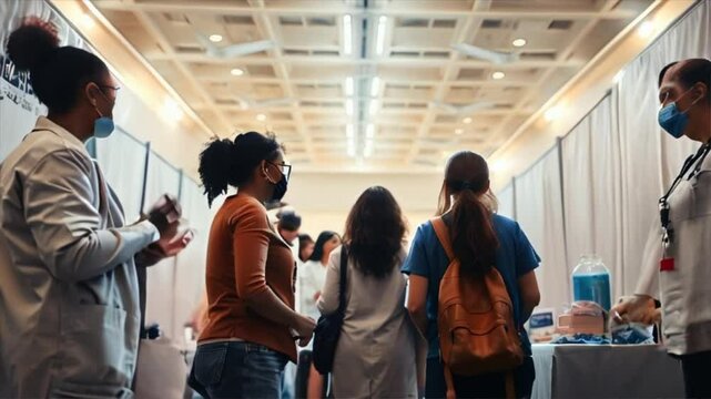Diverse healthcare professionals offering free medical screenings and consultations.