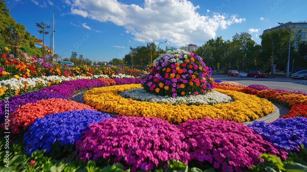 Poster a roundabout filled with colorful flowers, under a cloudless blue sky, creating a cheerful and brigh