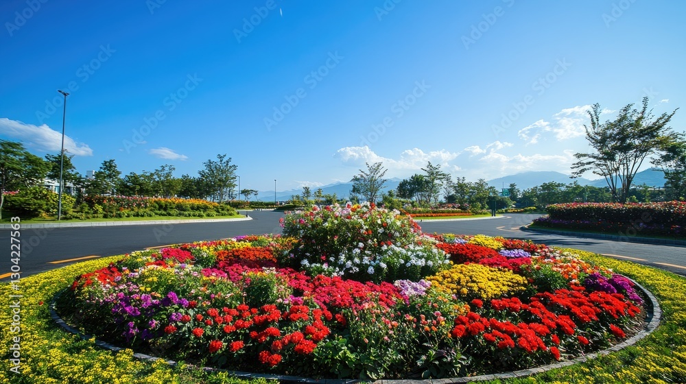Poster a roundabout filled with colorful flowers, under a cloudless blue sky, creating a cheerful and brigh