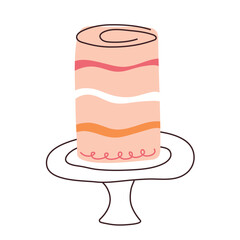 Cake in flat style. Doodle cupcake piece with hand drawn lines. Slice sweet desserts for birthday, invitation card, jubilee, poster, weeding. Cute isolated vector illustration on white background.