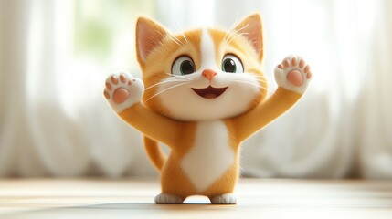 Cute cartoon cat raising paws indoor, sunlit background