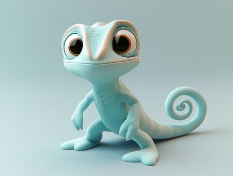 recommend clip art: Cute cartoon light-blue chameleon posing on light-blue studio background
