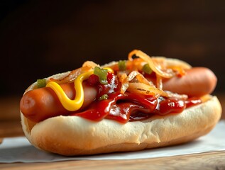 Photograph of a Fully Loaded Hot Dog in a Soft Bun, Topped with Mustard and Ketchup for a Classic Fast-Food Snack - fast foods stock-image