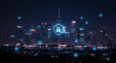 Cybersecurity shield glows, protecting a modern city's digital network at night.
