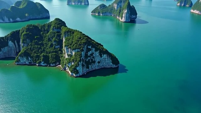 Breathtaking aerial view of Ha Long Bay's stunning limestone islands and emerald waters