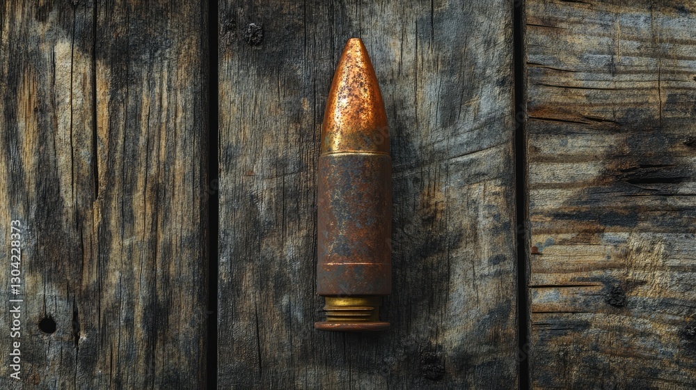 Poster a rusty ammunition shell and weathered wooden background create a war relic scene, evoking a sense o