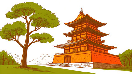 traditional Asian pagoda surrounded by trees and greenery, showcasing architectural beauty and harmony with nature