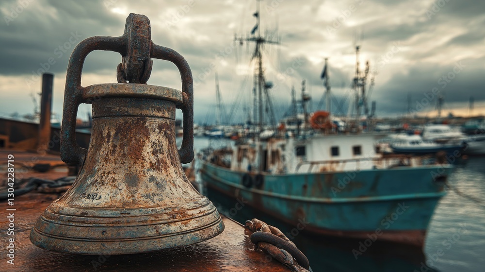 Poster a rusty ship bell on a ship deck, with boats moored in the background and a cloudy sky overhead, evo