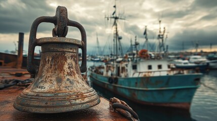 Fototapeta premium A rusty ship bell on a ship deck, with boats moored in the background and a cloudy sky overhead, evoking the deep connection to maritime history and nostalgia for the past