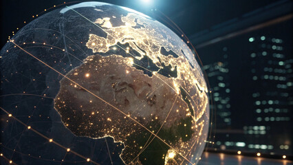 glowing globe with digital overlay showcasing global connections and data. image highlights continents and cities illuminated night, conveying