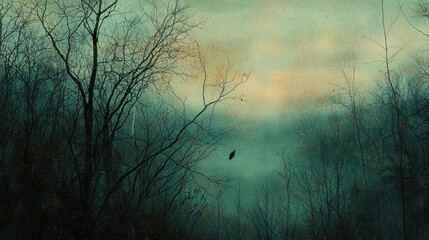 Autumnal forest scene, leaf falling, misty atmosphere, twilight