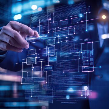 Man Interacting with Digital Interface for Data Management and Analysis
