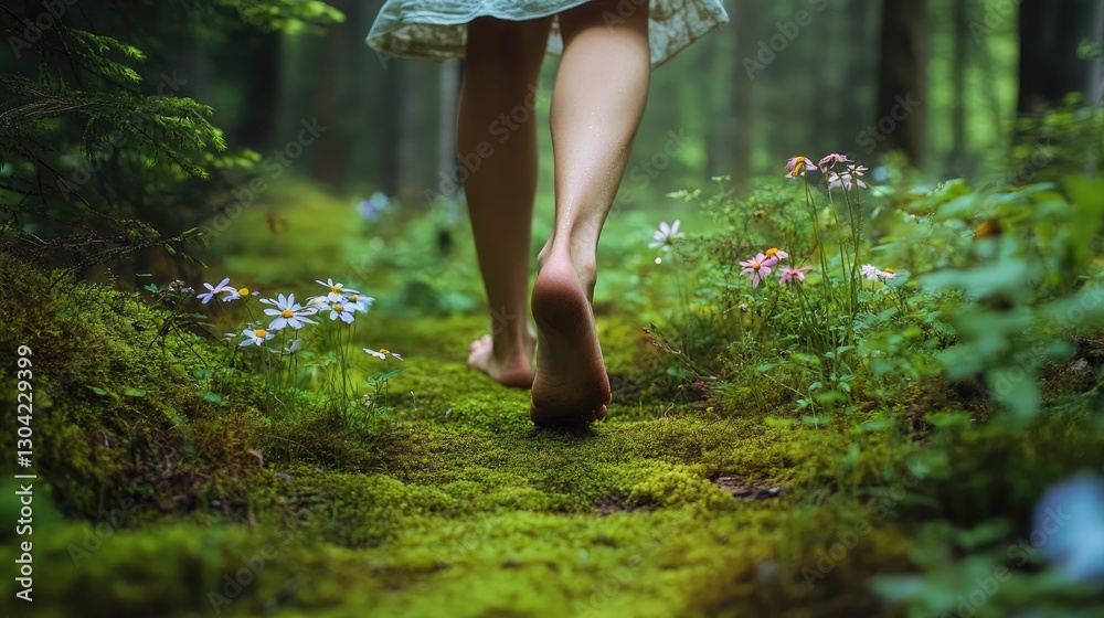 Poster a serene moment of an individual walking barefoot on a moss-covered path in a lush forest, surrounde