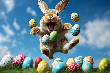 Adorable Easter Bunny Juggling Eggs in the Sky