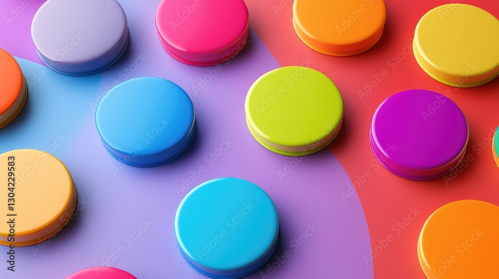Poster a set of colorful 3d circle buttons in vibrant hues, creatively displayed for design inspiration, of