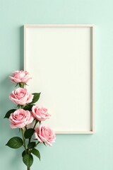 Elegant light pink roses next to a blank frame on a pastel background, perfect for your design projects and greeting cards