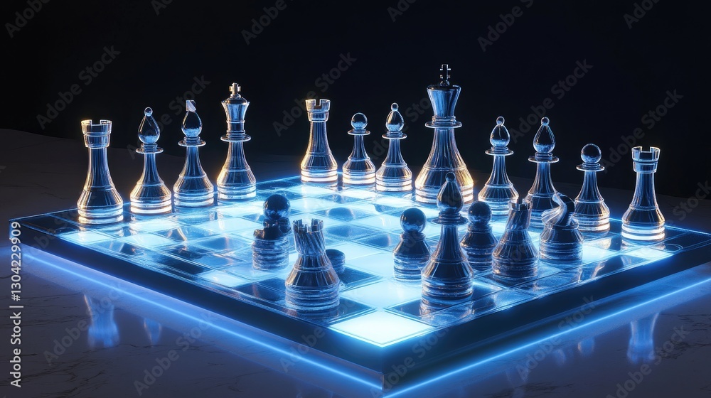 Poster A sleek and modern futuristic chessboard with illuminated chess pieces, highlighting an innovative twist on the classic game, designed for the next generation of chess players