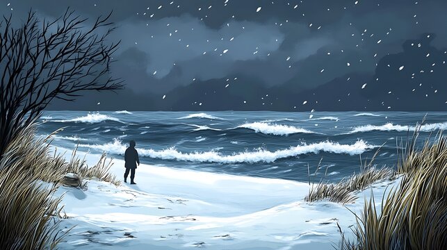 Solitary figure on snowy beach at night, stormy sea, snowfall