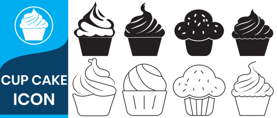 cup cake icons. Pastry shop logo. Set of black cupcakes, muffin logo. Vector illustrations isolated on white background. Can be used as icon, sign or symbol - cupcake silhouette, cake, sweet pastries.