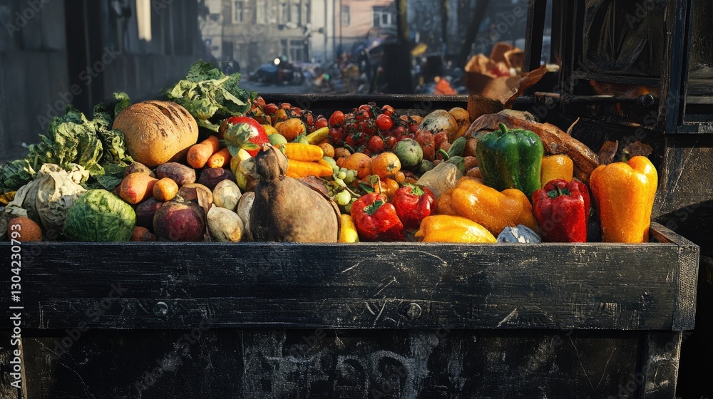 Poster a stark image of perfectly edible food discarded in a dumpster, showcasing the issue of food waste a