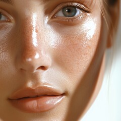A close-up photo of the face of a 30-year-old woman, the skin texture is natural and well-defined, pores and fine wrinkles are visible.