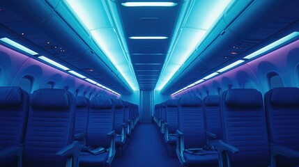 Fototapeta premium A spacious airplane aisle with blue seats, lit by overhead lights, offering a serene and quiet atmosphere before the start of a flight, highlighting comfort and tranquility