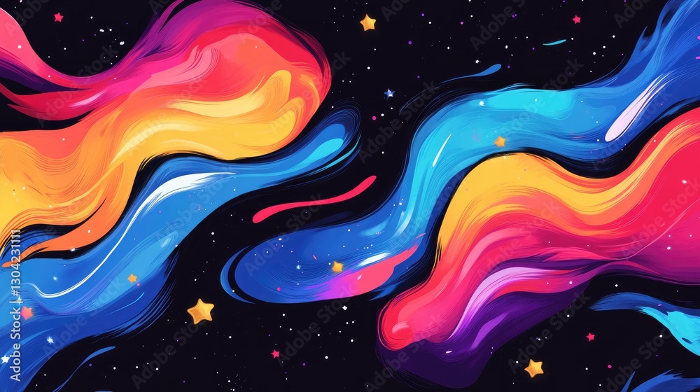 Poster A striking abstract design with bold colors, stars, and dynamic paint splashes on a dark backdrop, ideal for creative expression and visual projects