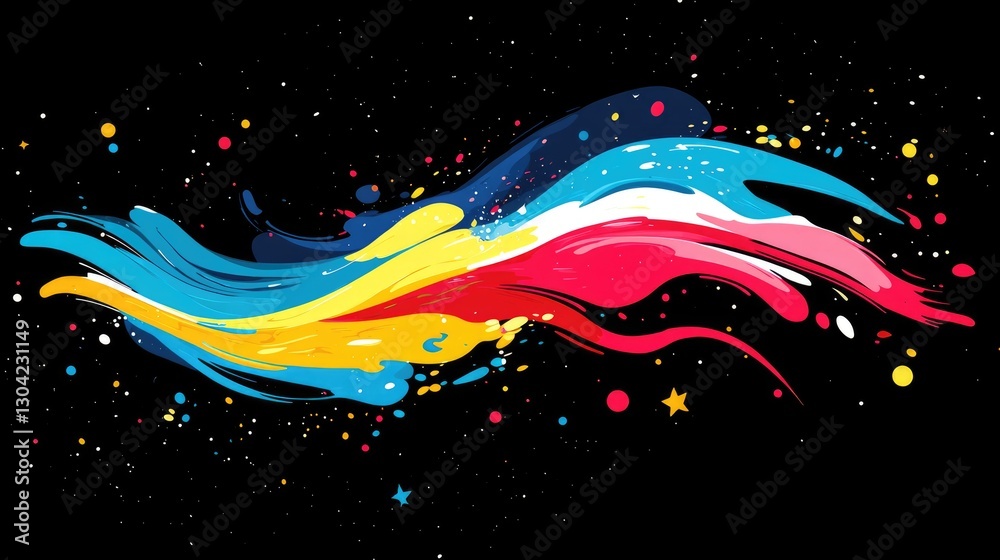 Aufkleber a striking abstract design with bold colors, stars, and dynamic paint splashes on a dark backdrop, i