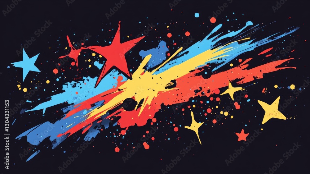 Aufkleber A striking abstract design with bold colors, stars, and dynamic paint splashes on a dark backdrop, ideal for creative expression and visual projects