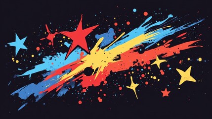 A striking abstract design with bold colors, stars, and dynamic paint splashes on a dark backdrop, ideal for creative expression and visual projects