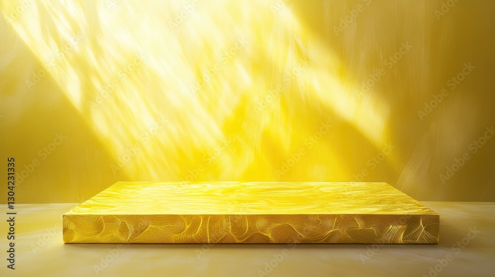 Poster a striking yellow platform with intricate abstract designs and soft light highlights, showcasing con