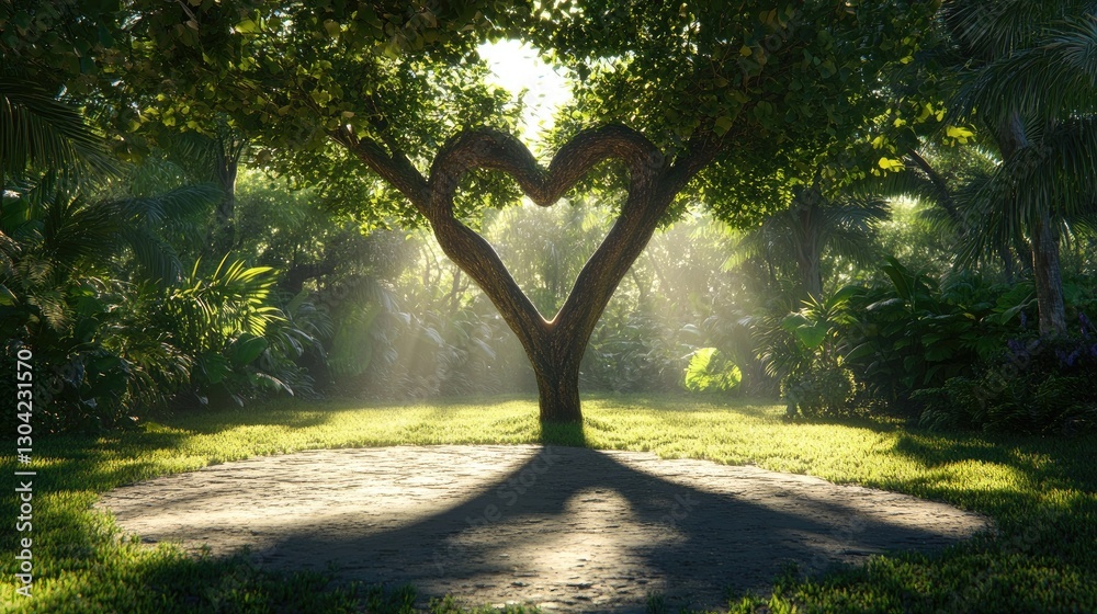 Poster a stunning tree in full sunlight, casting a heart-shaped shadow on the ground, surrounded by greener