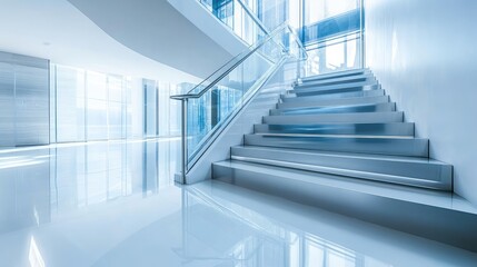 Obraz premium A stunning stainless steel staircase with polished surfaces, reflecting soft natural light, adding elegance to a modern interior