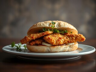 Photograph of a Gourmet Fried Fish Sandwich, Perfectly Crispy and Freshly Assembled for an Indulgent Fast-Food Meal - fast foods stock-image