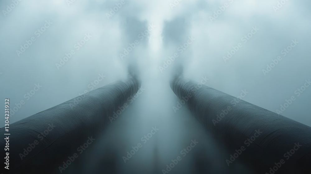 Poster A symmetrical pair of pipes shrouded in fog and steam, creating a visually arresting juxtaposition between industrial elements and the soft, ethereal qualities of the environment