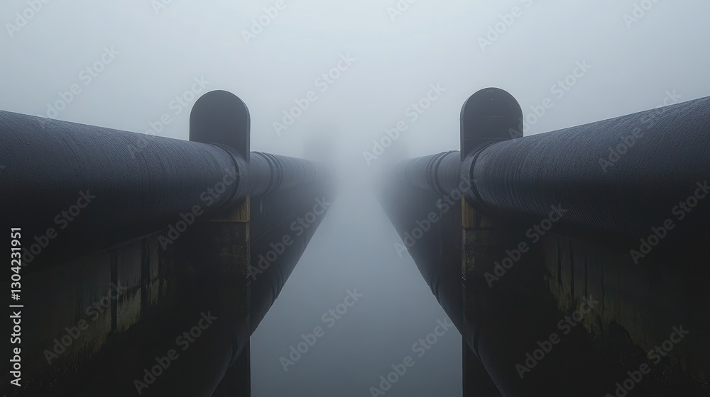 Poster A symmetrical pair of pipes shrouded in fog and steam, creating a visually arresting juxtaposition between industrial elements and the soft, ethereal qualities of the environment