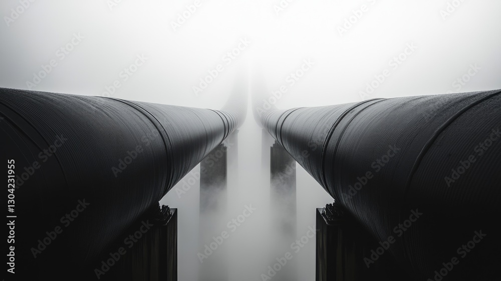 Poster a symmetrical pair of industrial pipes rise amidst fog and steam, creating a dramatic contrast betwe
