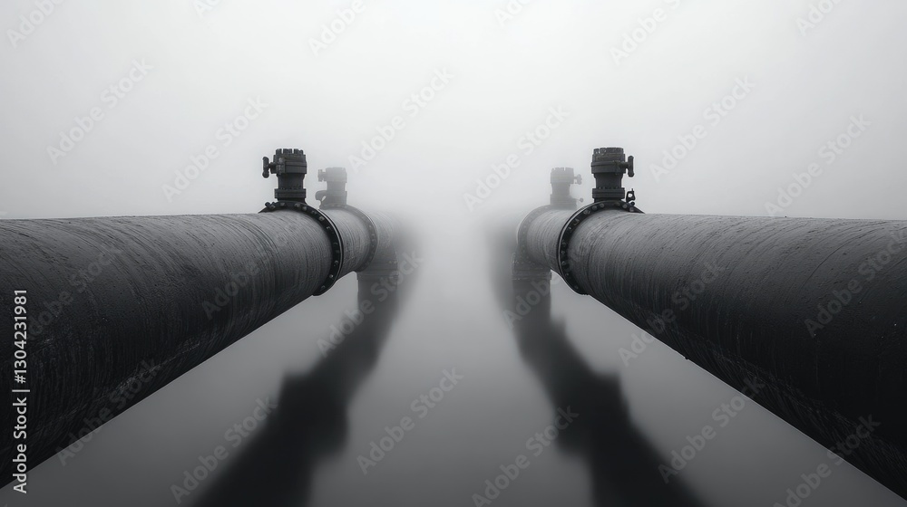 Poster A symmetrical pair of pipes shrouded in fog and steam, creating a visually arresting juxtaposition between industrial elements and the soft, ethereal qualities of the environment