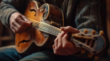 Obraz premium Man playing vintage guitar, rustic room, music, concert