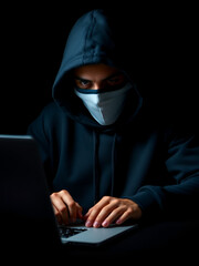 young criminal male hides his face under the hood and mask, hacks the password on the laptop, typing something. anonymous, incognito guy going to hack. cyberattack concept