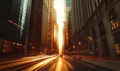 Obraz premium The background is an urban street with tall buildings, featuring motion blur and blurred light rays in the foreground
