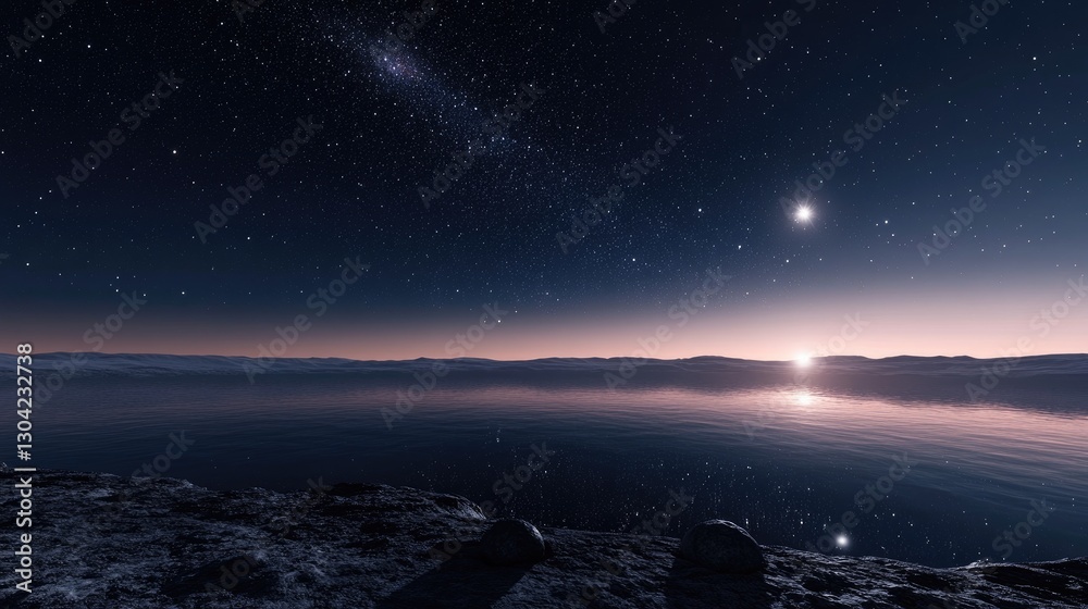 Poster a tranquil view of a distant asteroid belt, illuminated by distant stars, capturing the serenity of 