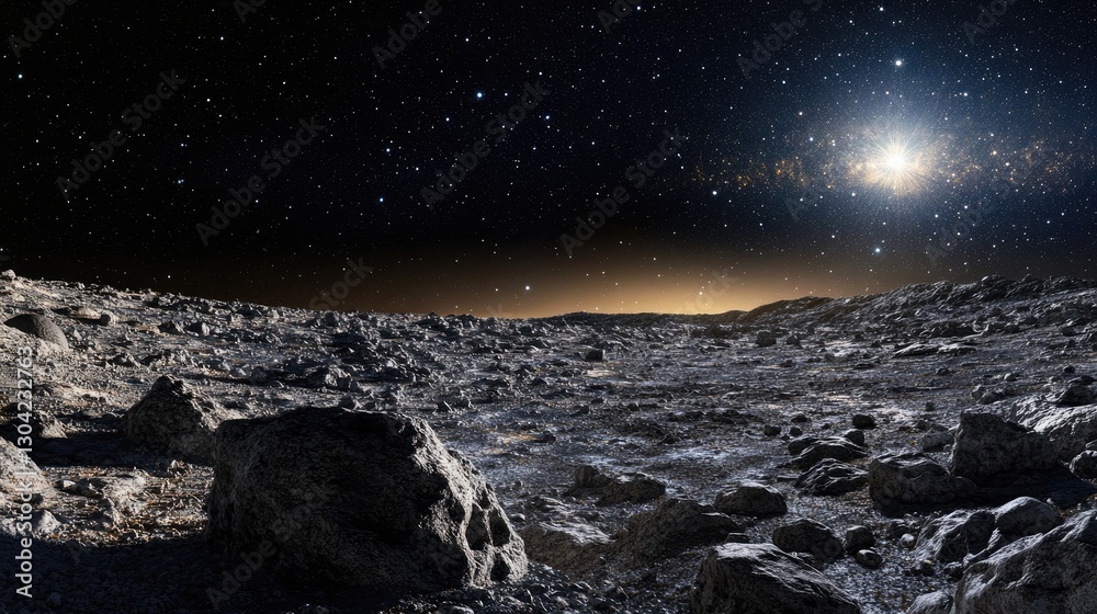 Poster a tranquil view of a distant asteroid belt, illuminated by distant stars, capturing the serenity of 