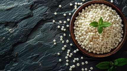Raw Tapioca Pearls in plate on black slate background