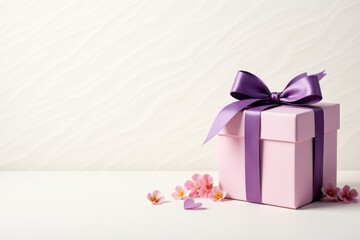 A delicately wrapped pink present with a purple ribbon, adorned by small pink blossoms and a tiny heart, rests on a smooth white surface against a subtly textured background.