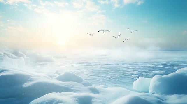 Seagulls fly over ice floes at frozen sea with sunburst. Climate change concept