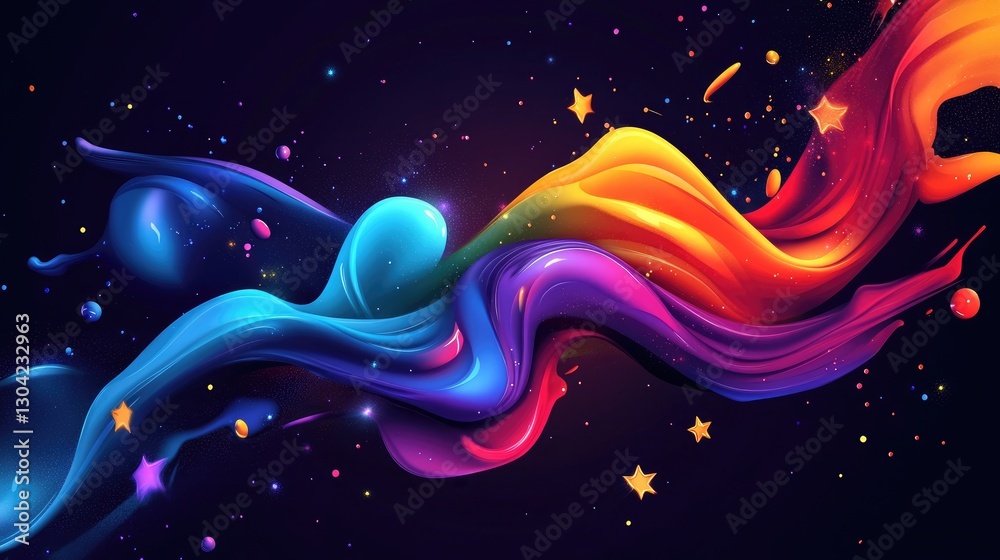 Aufkleber a vibrant abstract design featuring colorful splashes of paint and shimmering stars on a dark backgr