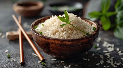 Raw white rice with chop sticks. Bow of uncooked rice